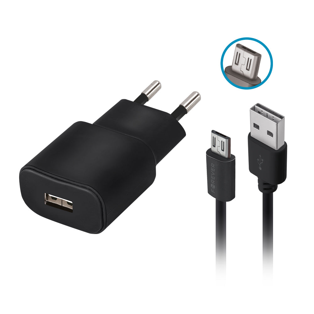 Chargeur mural Forever TC-01 USB 2A — Noir + câble microUSB