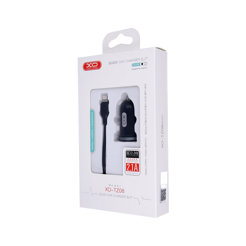 XO car charger TZ08 2x USB 2,1A black + Lightning cable