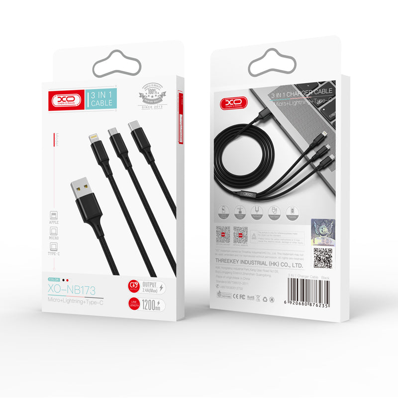 XO cable NB173 3in1 USB - Lightning + USB-C + microUSB 1,2 m 2,4A black
