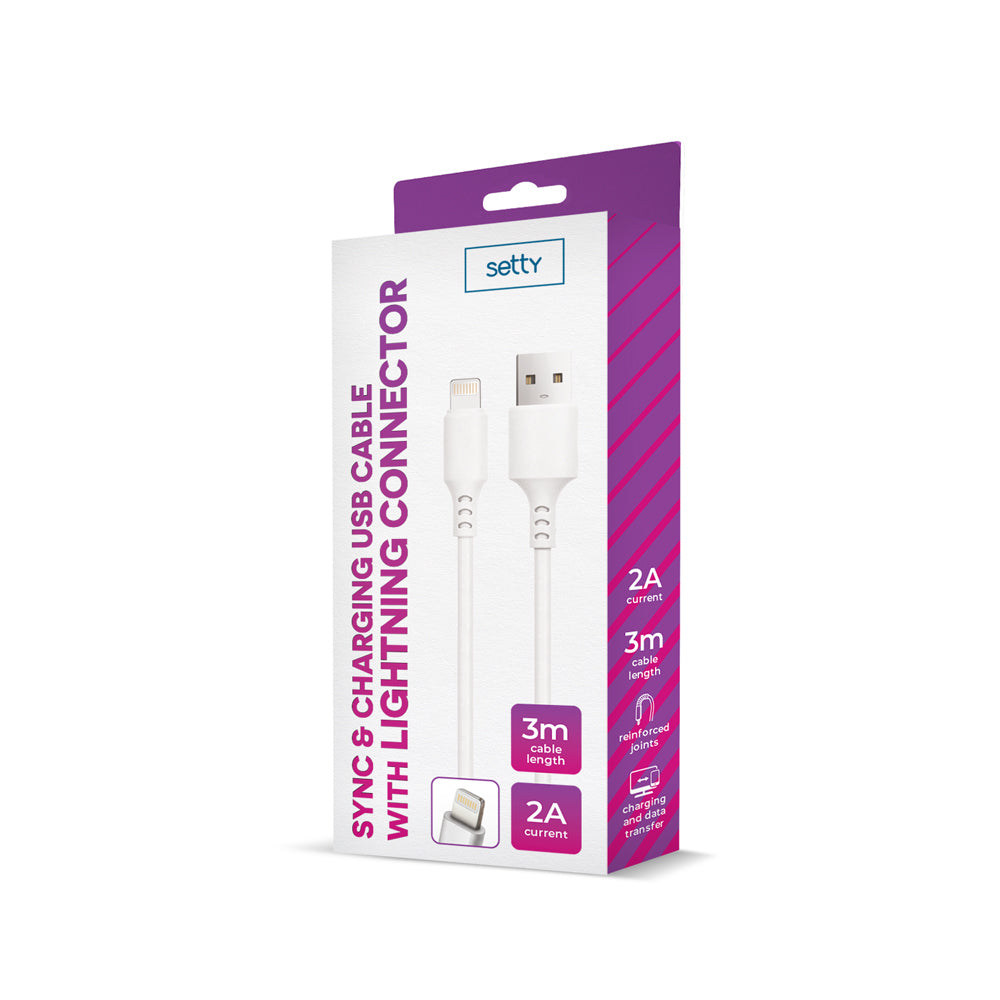 Setty cable USB - Lightning 3,0 m 2A white NEW