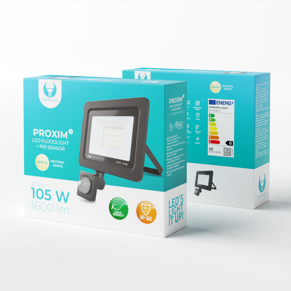 Projecteur LED PROXIM II 20W 4500K IP66 avec détecteur PIR