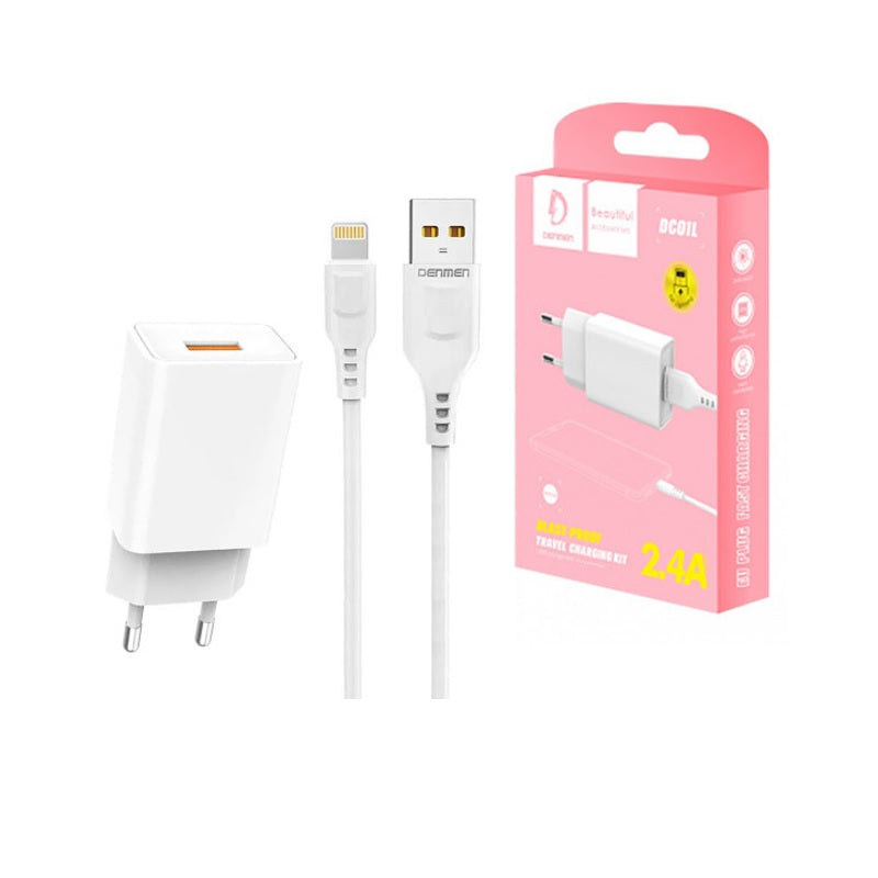 Ładowarka sieciowa Denmen 2.4A + kabel USB - lightning biała 2400 mAh 12W TTT