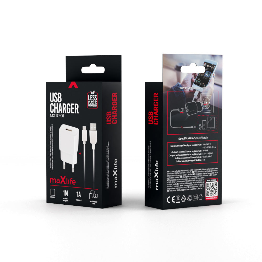 Maxlife MXTC-01 charger 1x USB 1A whIte + USB-C cable