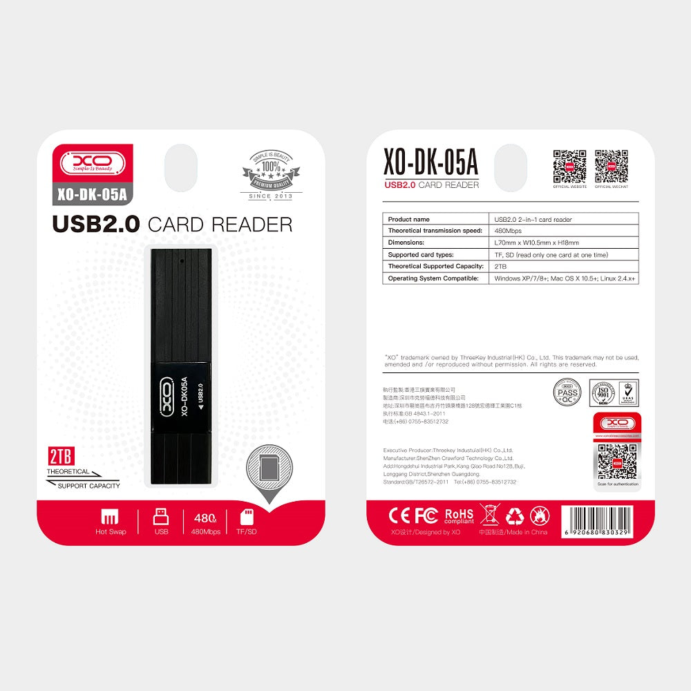 Lecteur de carte mémoire XO DK05A 2 en 1 USB 2.0 noir