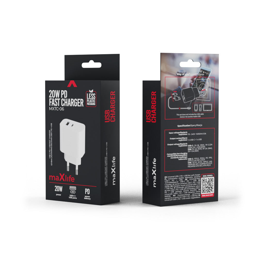 Maxlife MXTC-06 PD QC charger 1x USB-C 1x USB 20W white