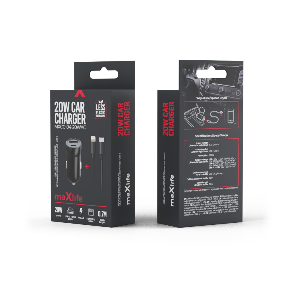 Maxlife MXCC-04 PD QC car charger 1x USB-C 1x USB 20W black + USB-C - Lightning cable 27W