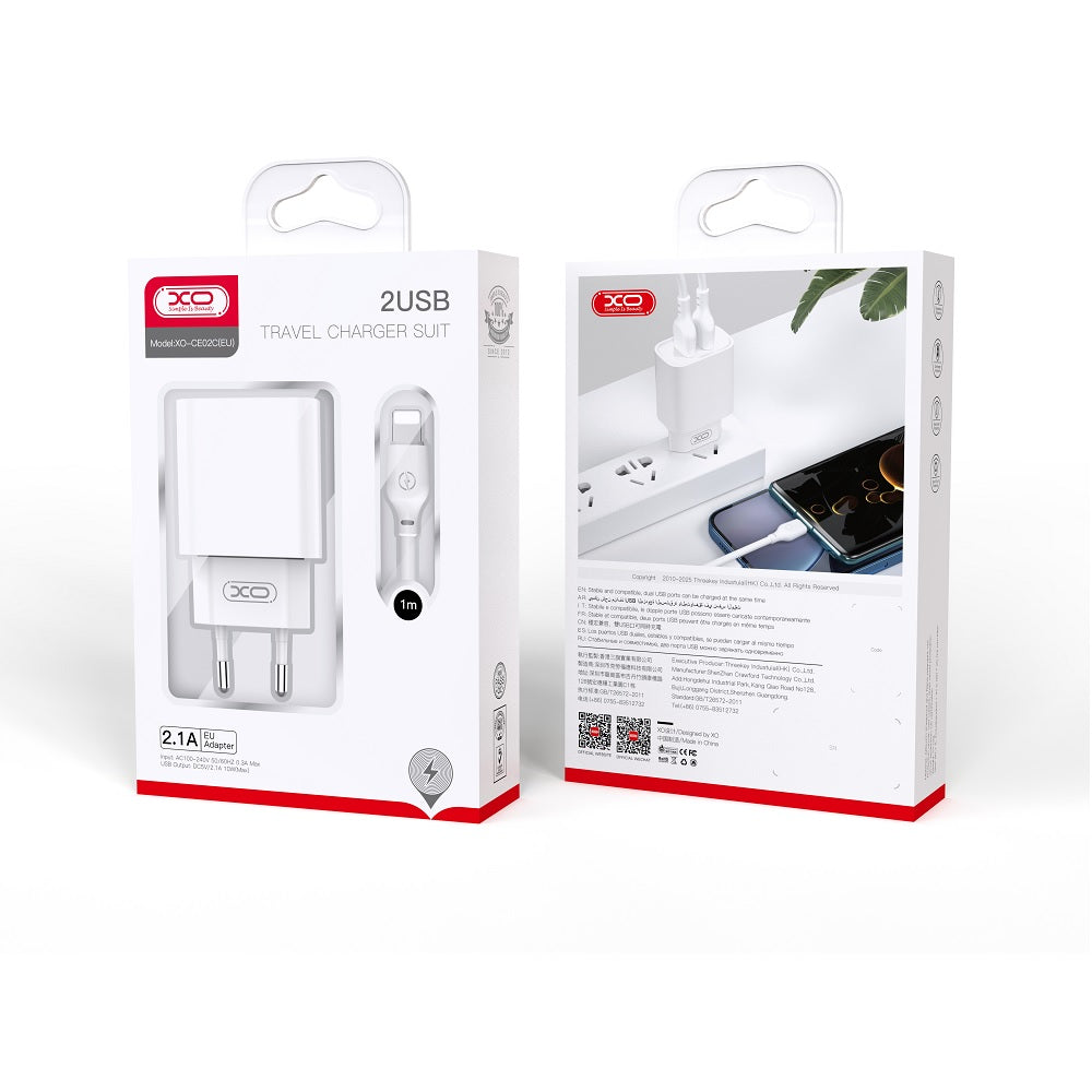 XO wall charger CE02C 2x USB 2,1A white + Lightning cable