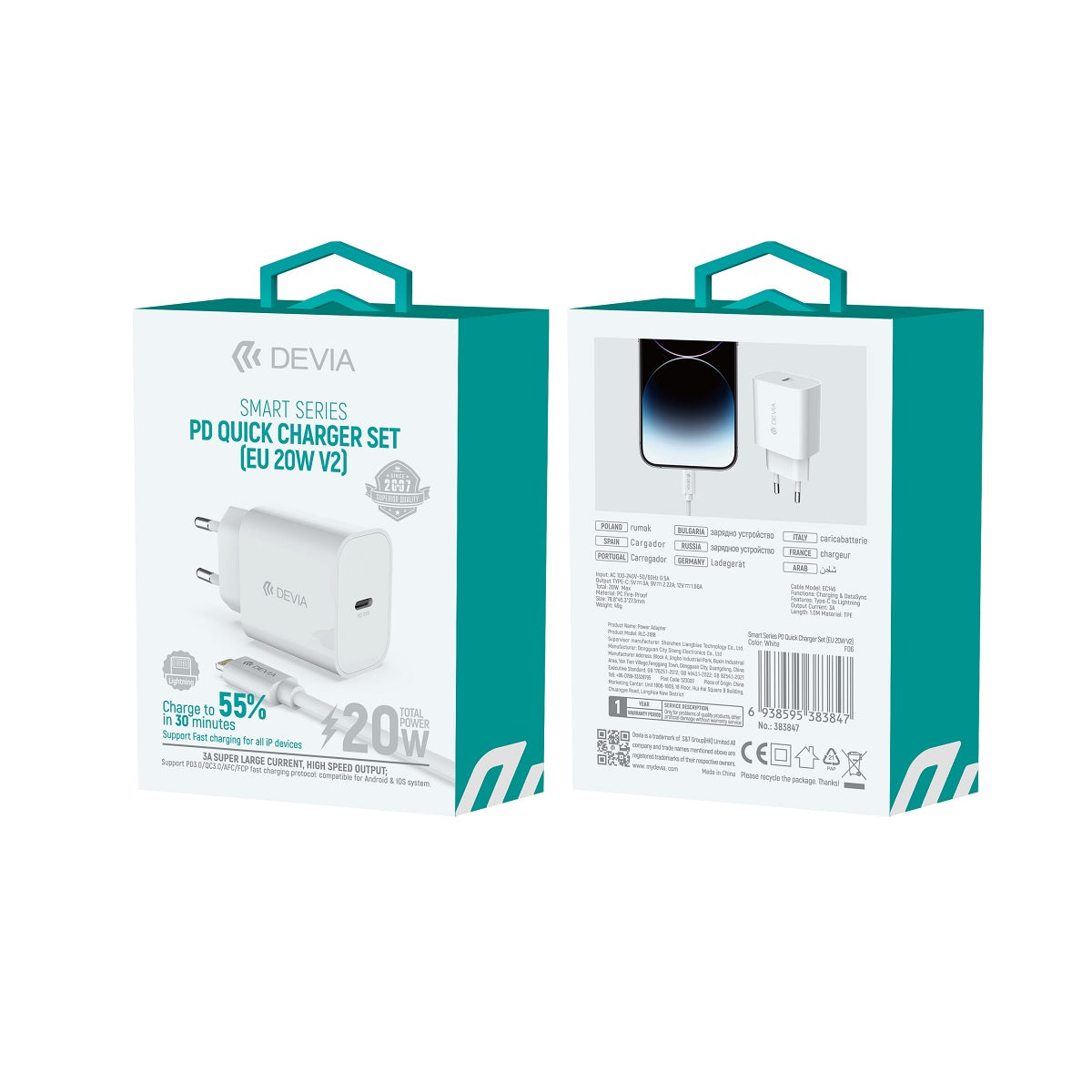 Devia wall charger Smart PD 20W 1x USB-C white + Lightning - USB-C cable V2