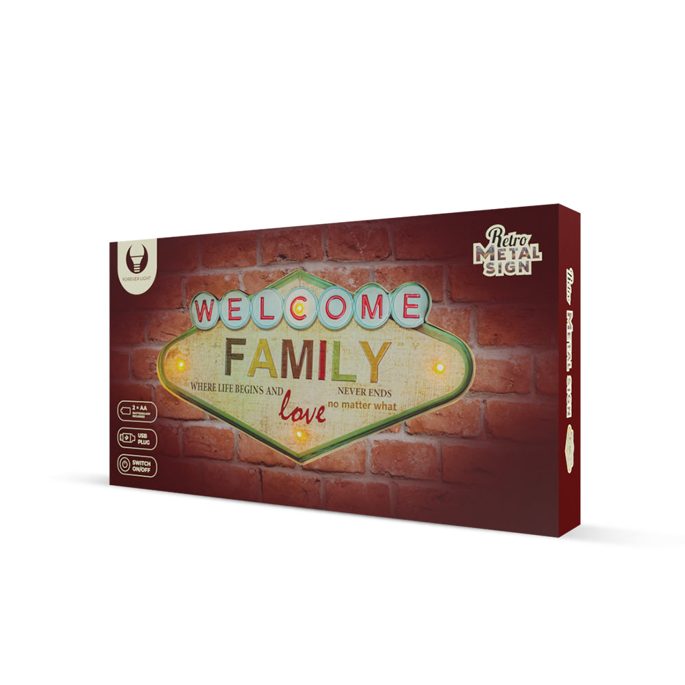 Enseigne LED Rétro Metal Welcome Family Forever Light