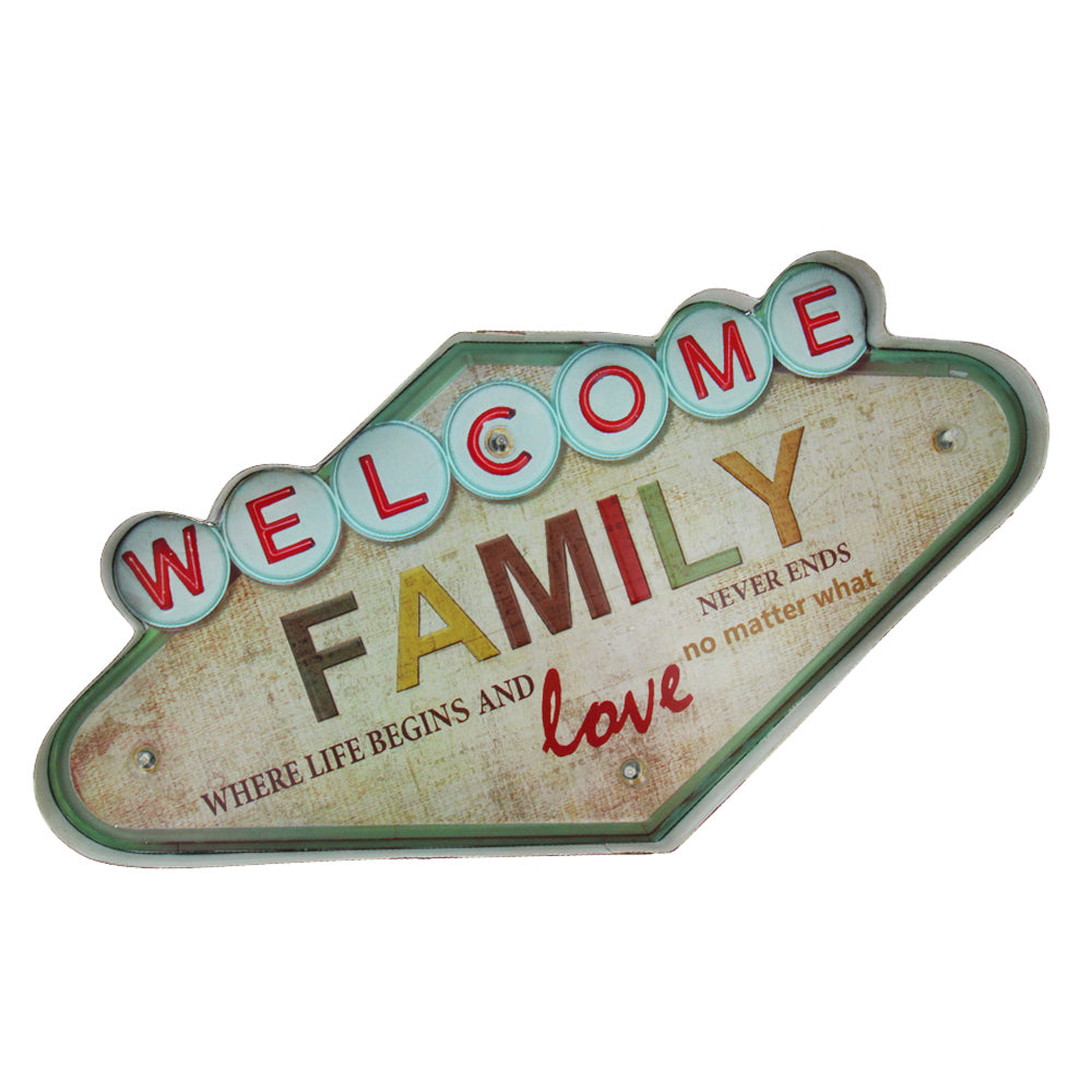 Enseigne LED Rétro Metal Welcome Family Forever Light