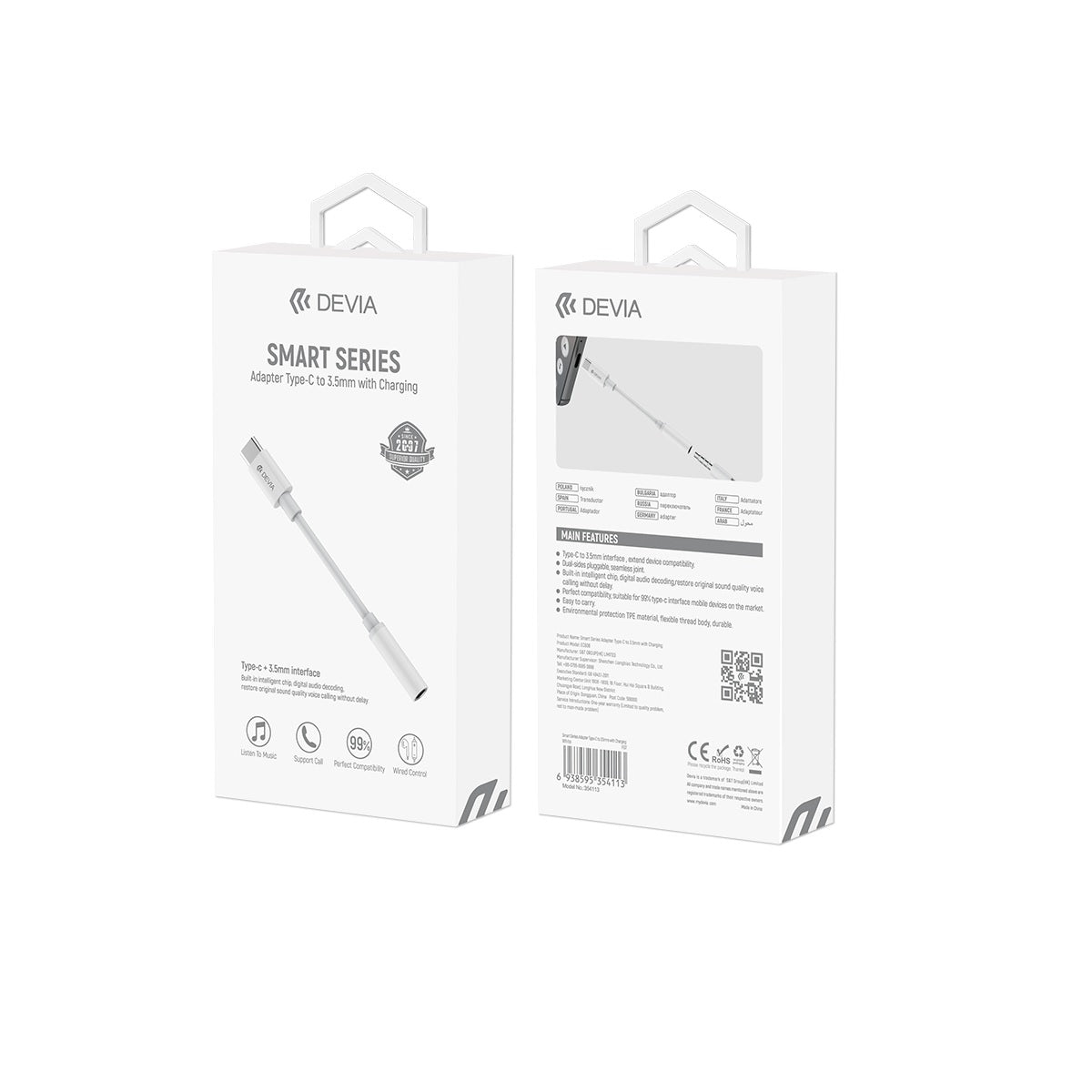 Adaptateur USB-C vers jack 3,5mm Devia EC608 blanc