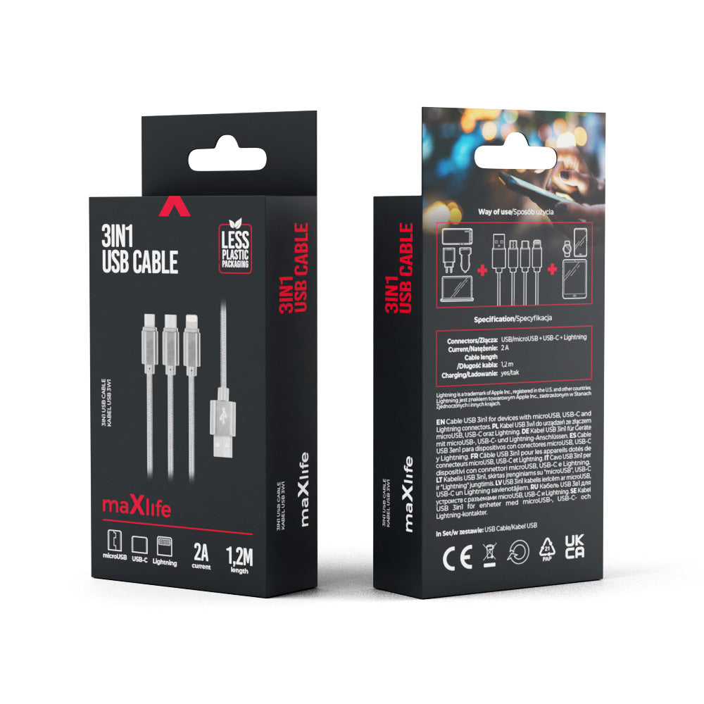 Câble 3-en-1 Maxlife USB-A — Lightning/USB-C/microUSB 1m