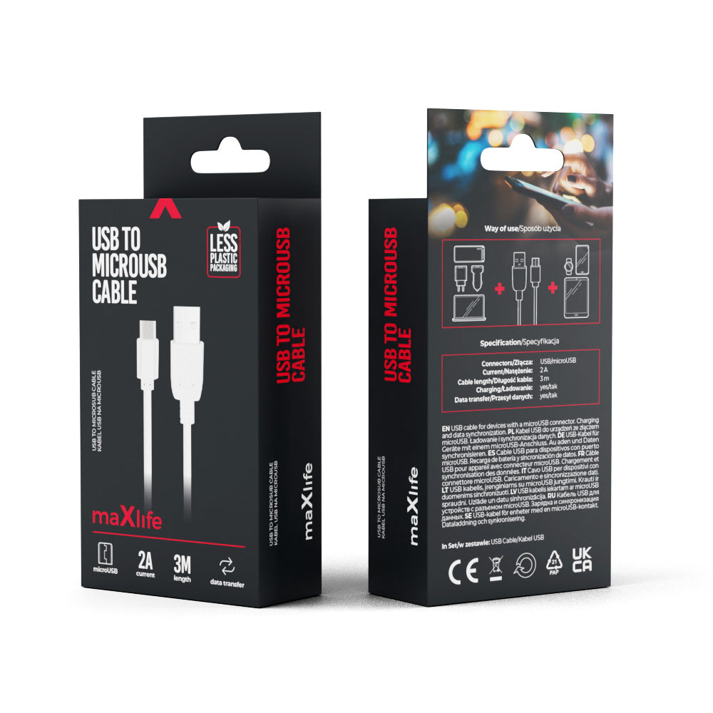 Câble USB-microUSB Maxlife 3m — 2A charge rapide
