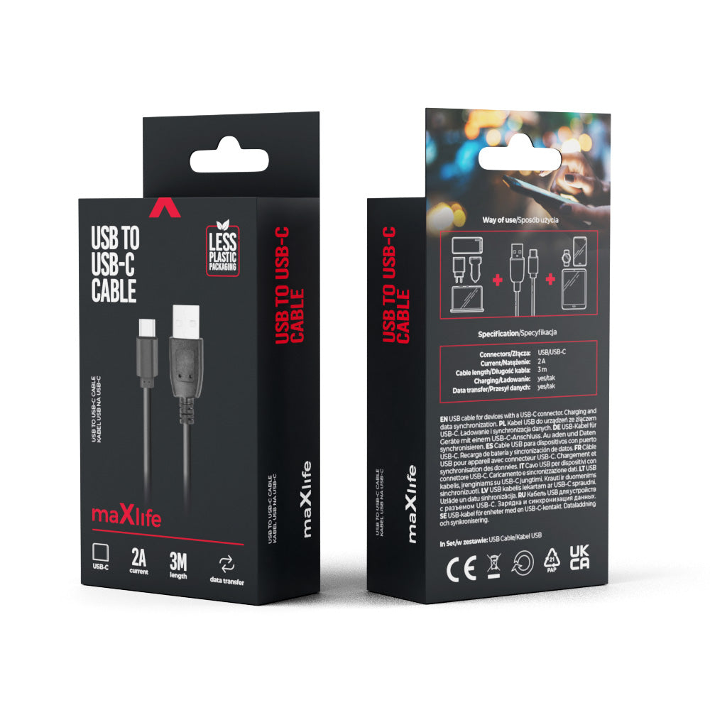 Câble USB-C Maxlife 3m — Charge rapide 2A