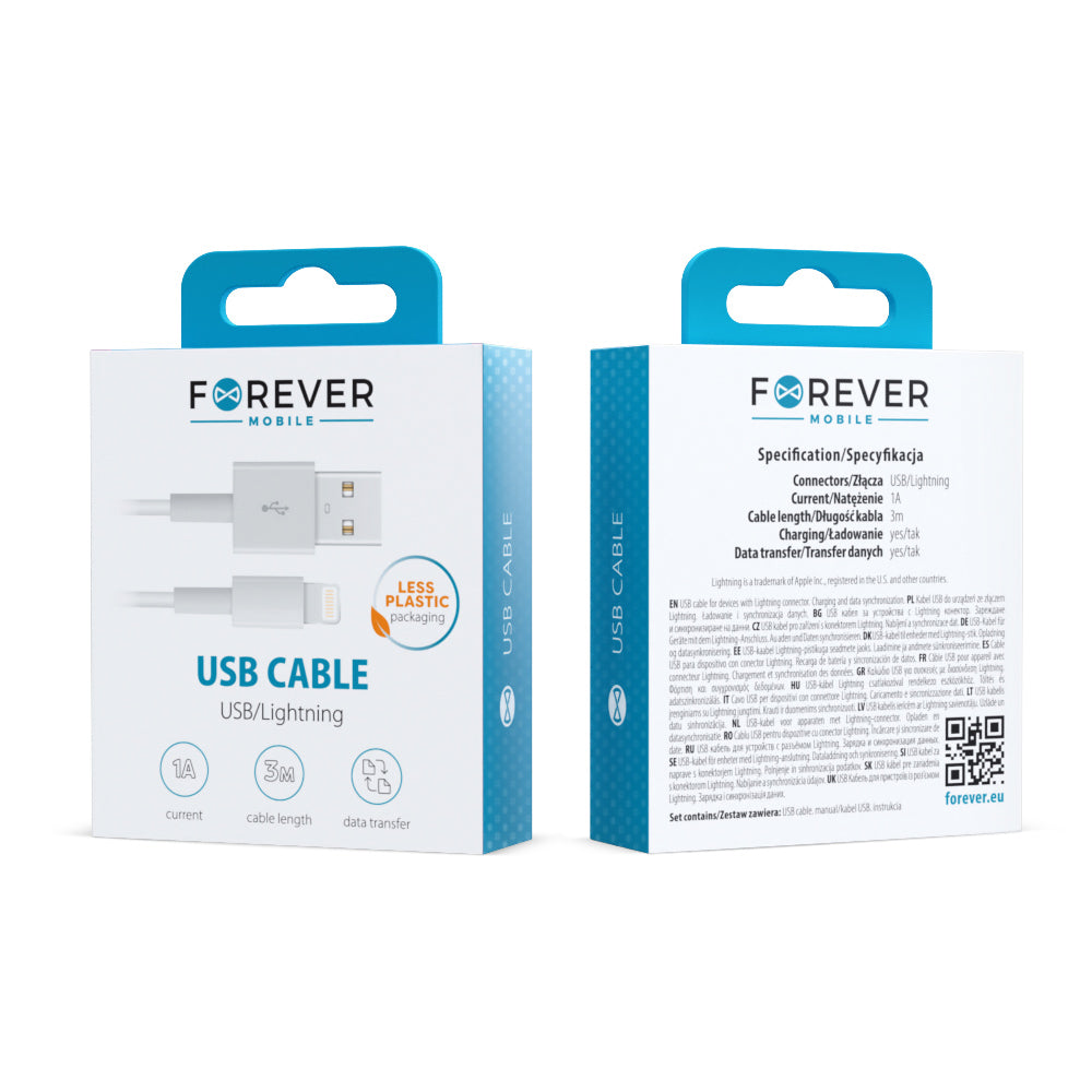 Câble USB-Lightning Forever 3m 1A blanc — Charge et données