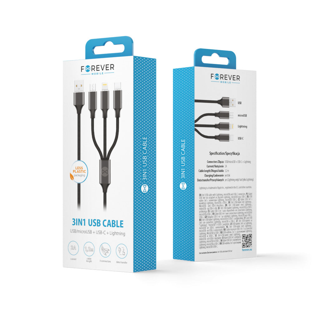Câble 3 en 1 Forever USB — Lightning + USB-C + microUSB 1,2 m 2A noir