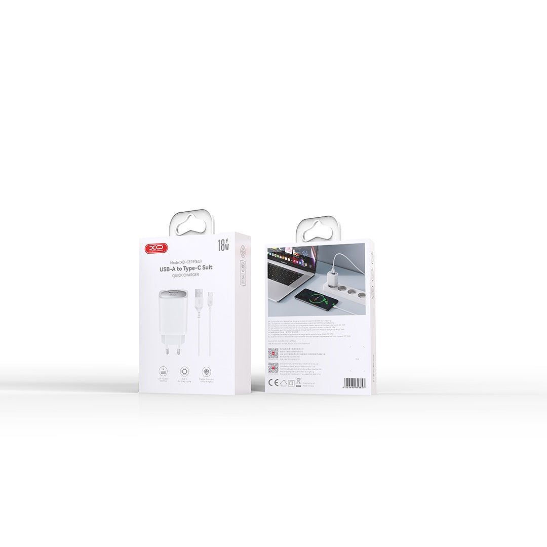 XO wall charger CE19 QC 18W 1x USB white + cable USB-C