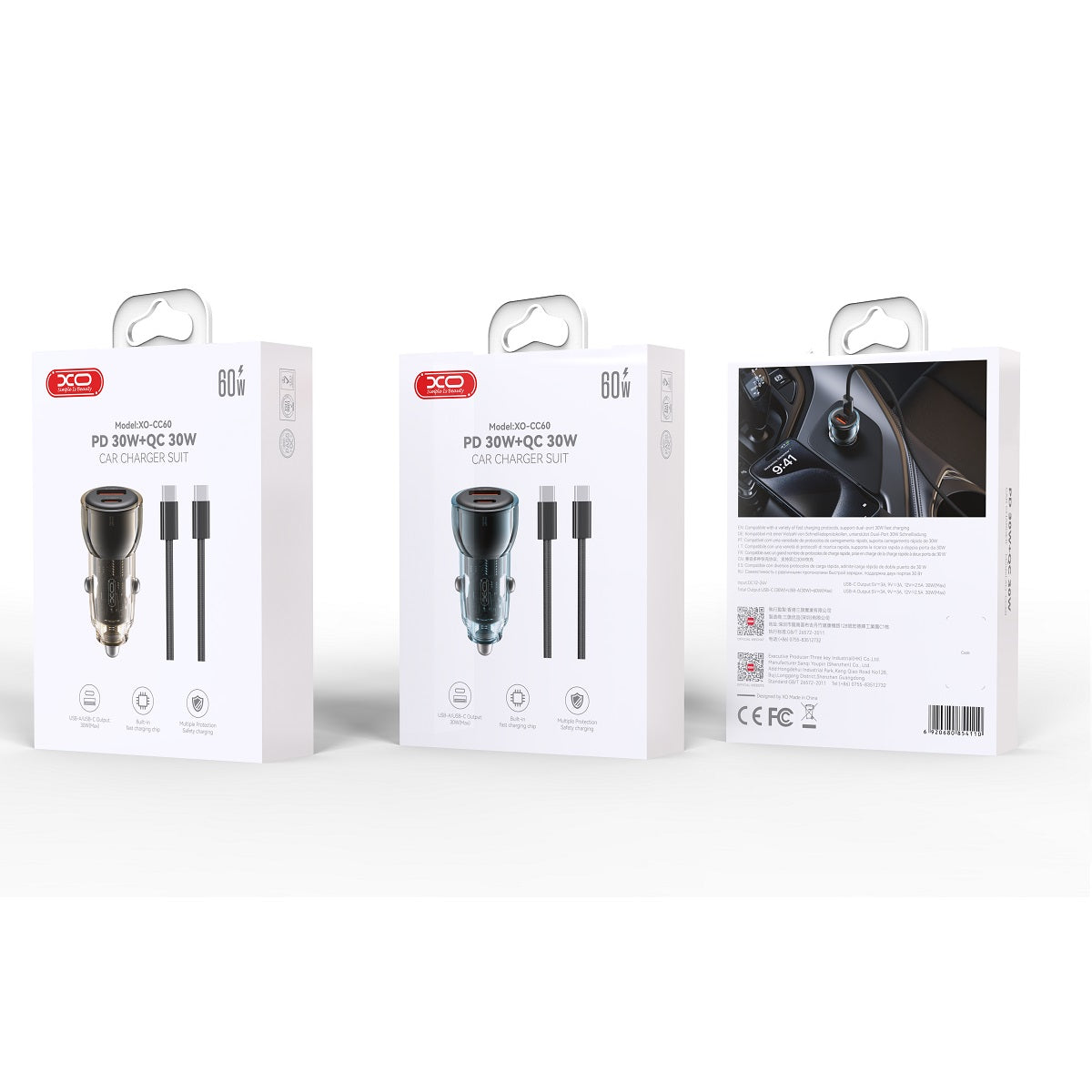 XO car charger CC60 60W 1x USB 1x USB-C black + USB-C - USB-C cable