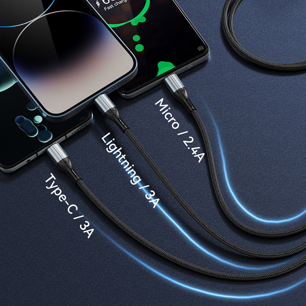 BWOO 3-in-1 Cable USB - USB-C, Lightning, Micro USB 1m 3A X274 black