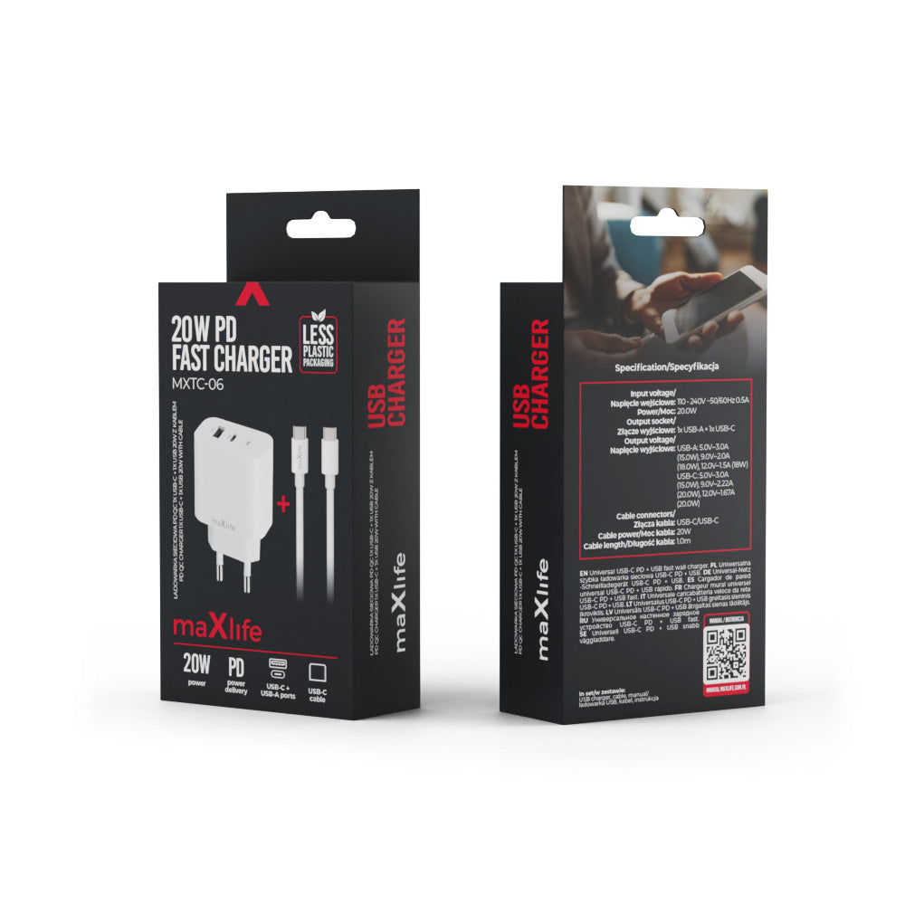 Maxlife MXTC-06-20AC PD QC charger 1x USB-C 1x USB 20W white + USB-C - USB-C cable 20W