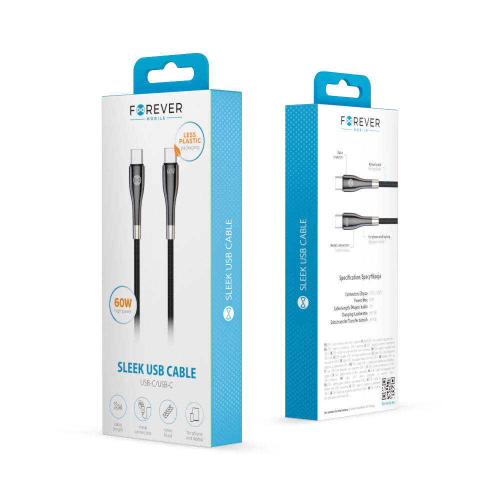 Câble USB-C vers USB-C Forever Sleek 2,0 m 60W — Noir