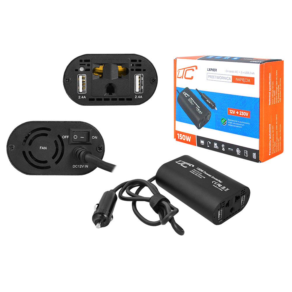 Power inverter in: 12V DC out: 230V/50Hz, 150W + 2xUSB 5V/2.4A LTC
