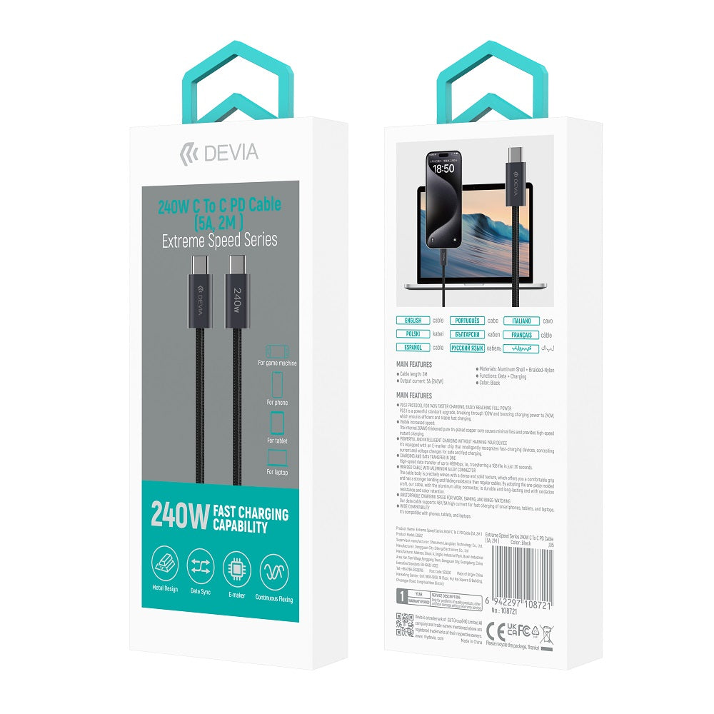 Devia cable Extreme EC652 PD USB-C - USB-C 2,0 m 240W black