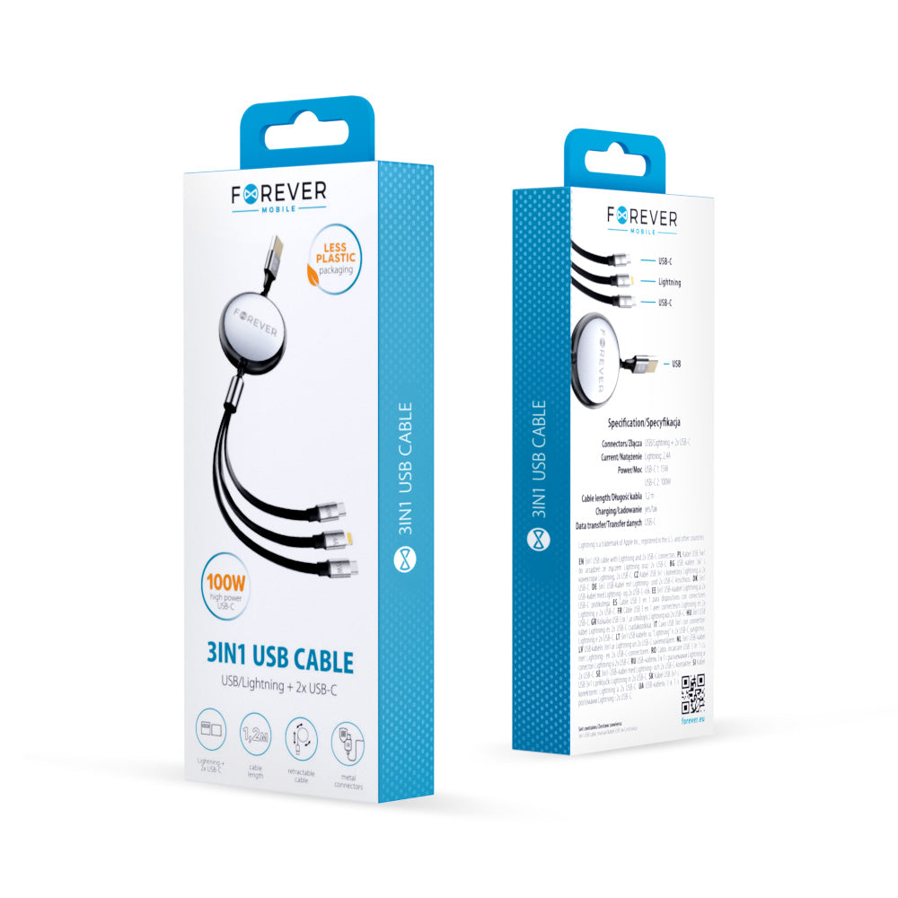 Câble 3 en 1 Forever Lightning + 2x USB-C 1,2 m 100W — Noir