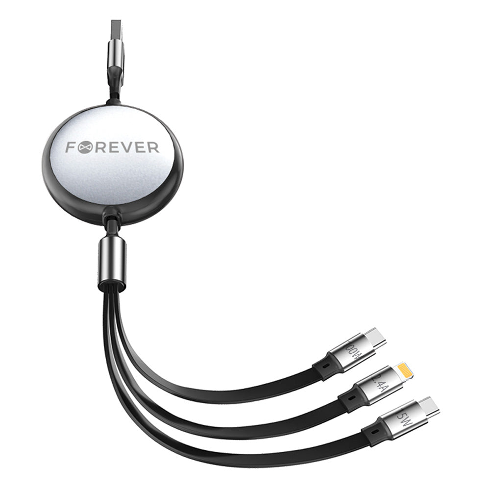 Câble 3 en 1 Forever Lightning + 2x USB-C 1,2 m 100W — Noir