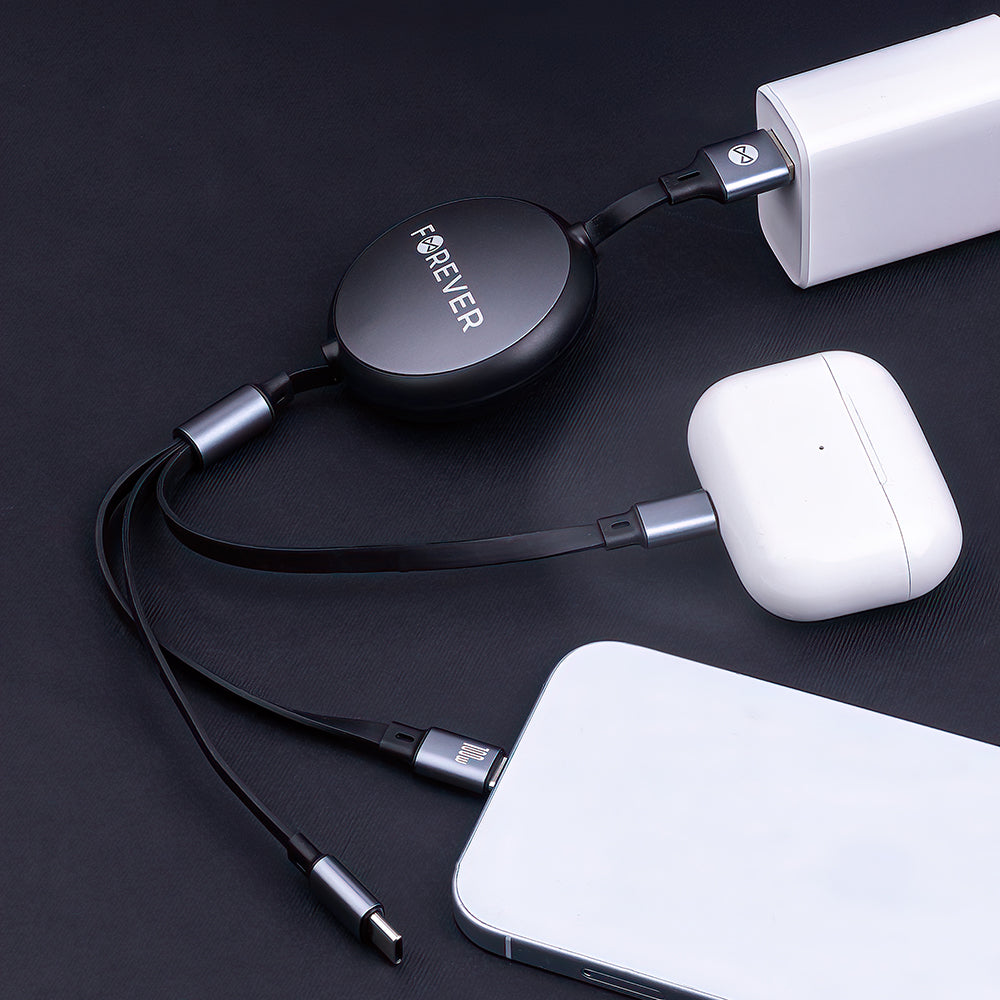 Câble 3 en 1 Forever Lightning + 2x USB-C 1,2 m 100W — Noir