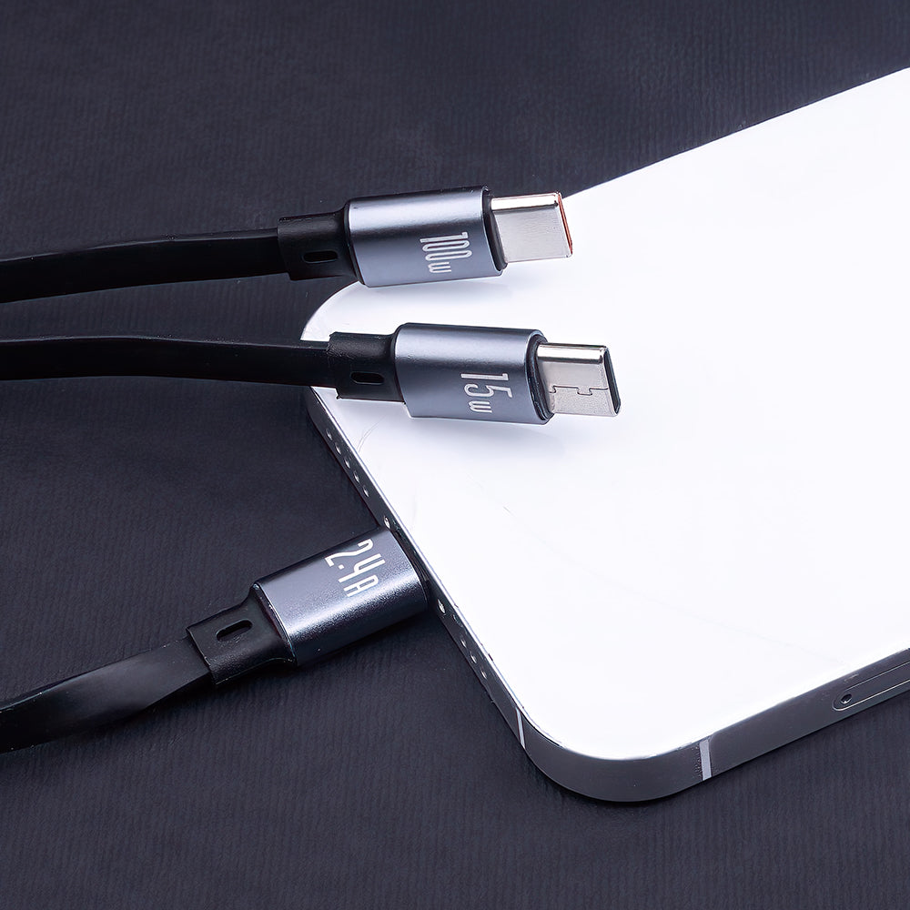Câble 3 en 1 Forever Lightning + 2x USB-C 1,2 m 100W — Noir