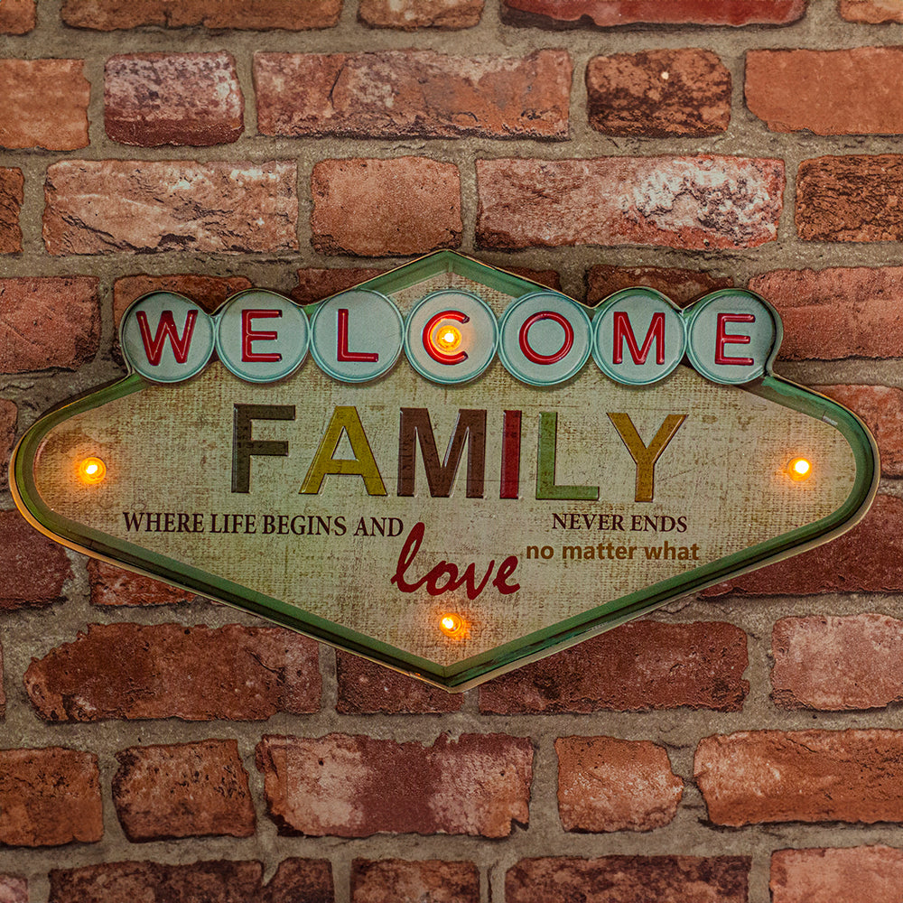 Enseigne LED Rétro Metal Welcome Family Forever Light