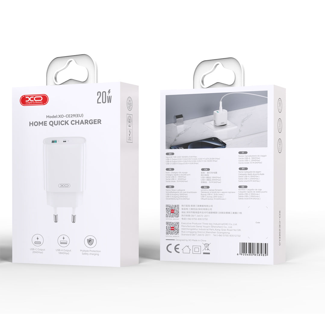 XO wall charger CE29 PD 20W 1x USB-C 1x USB white