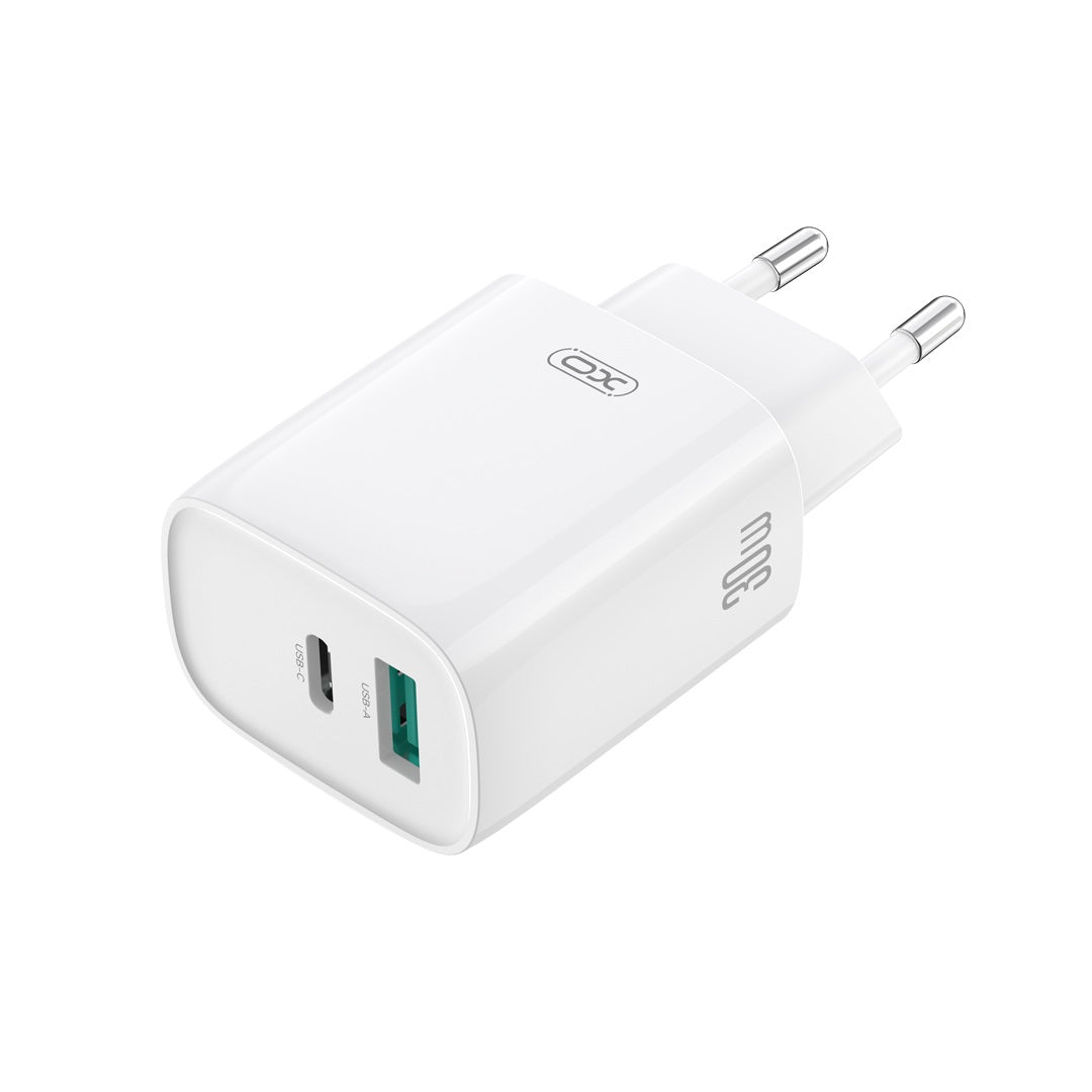 XO wall charger CE30 PD 30W 1x USB-C 1x USB white + cable USB-C - Lightning