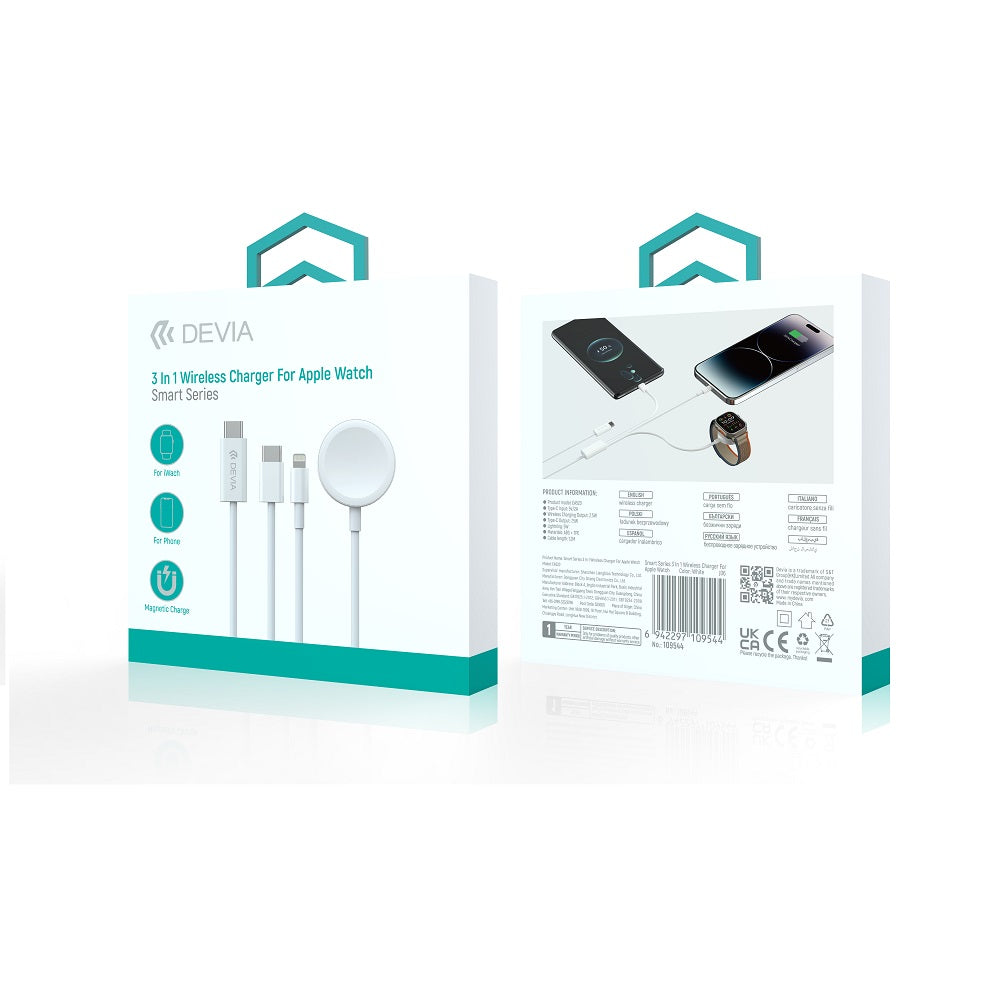 Devia cable 3in1 Smart EA520 USB-C - USB-C + Lightning white with inductive magnetic charger for Apple Watch