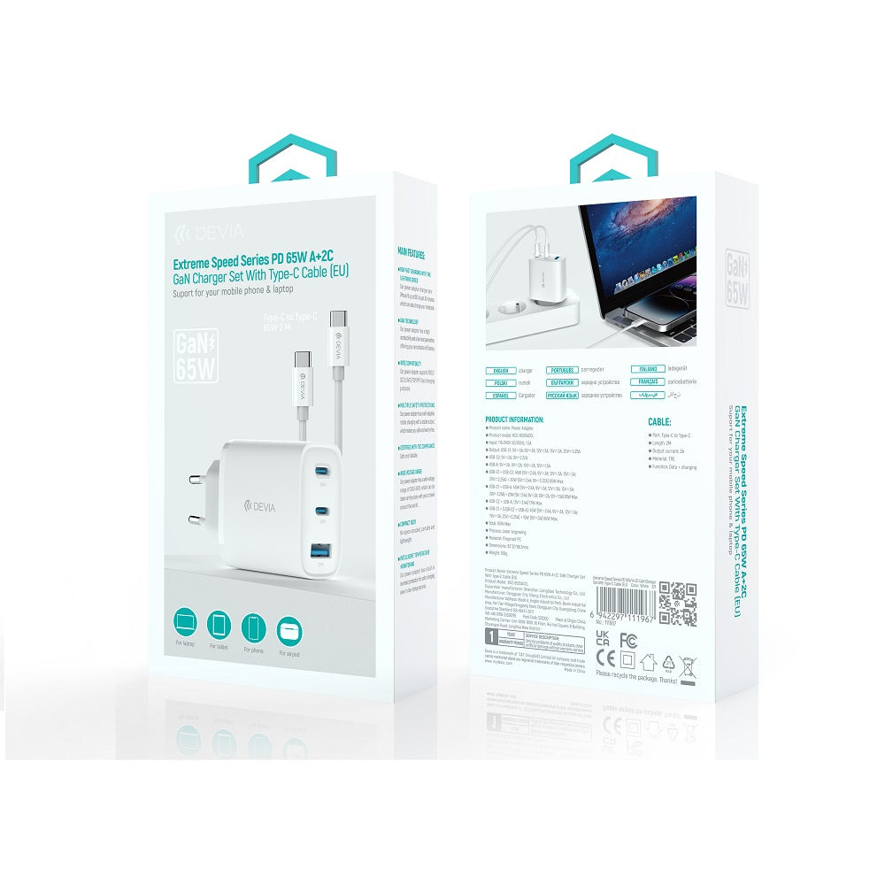 Devia wall charger Extreme PD GaN 65W 2x USB-C 1x USB white + cable USB-C - USB-C laptop charger
