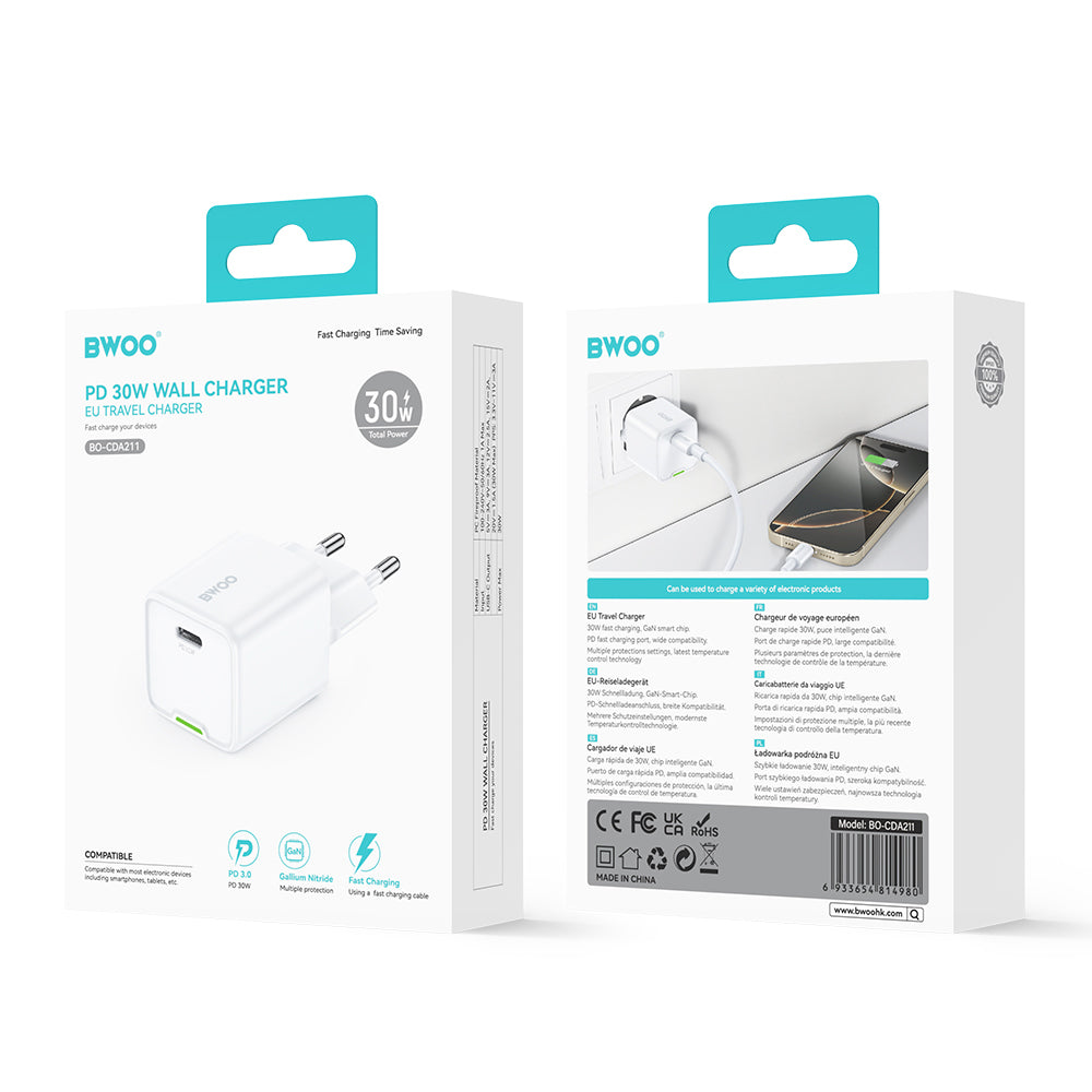 BWOO GaN PD wall charger 30W 1x USB-C port 1A white