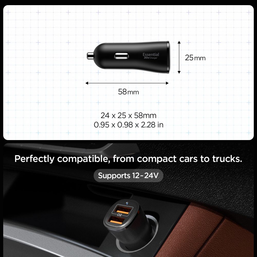 Spigen Essential EV302 2-Port 30W Car Charger Black