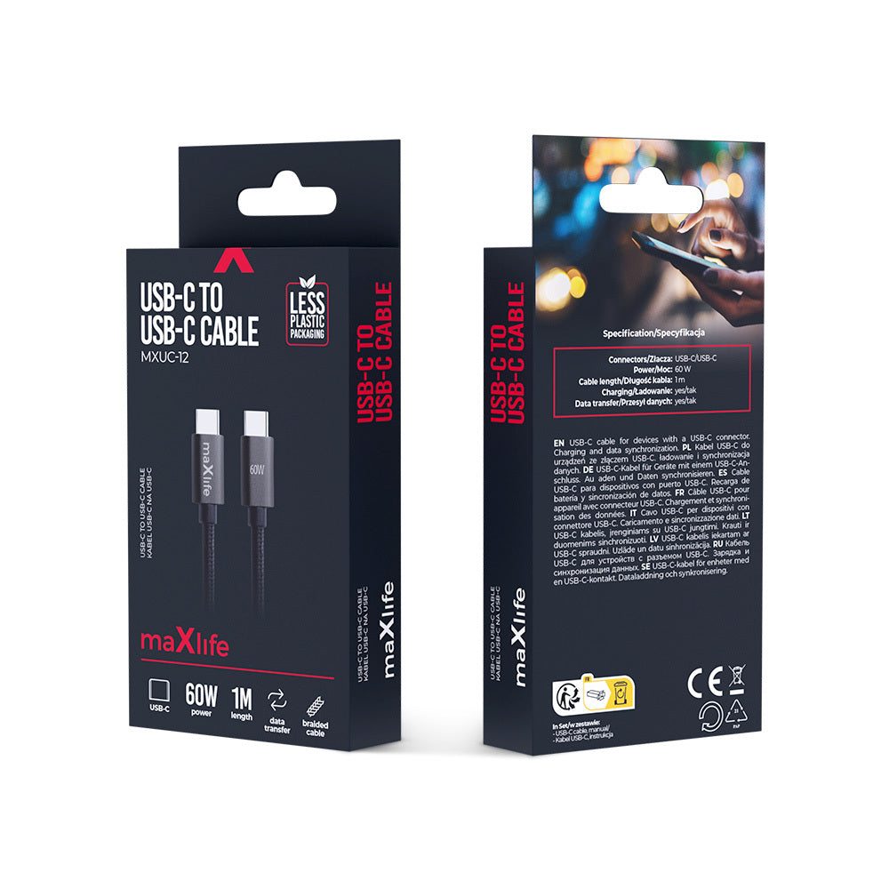 Maxlife MXUC-12 cable USB-C - USB-C 1,0 m 60W black