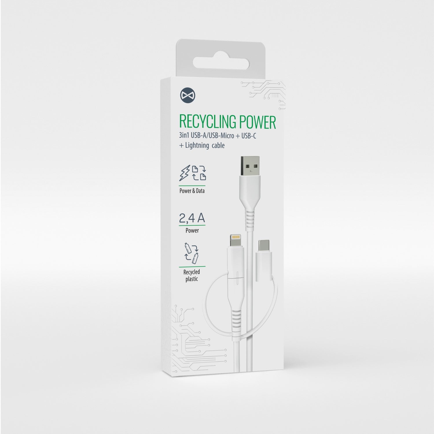 Câble 3 en 1 Forever Recycling — USB-A/USB-C/microUSB/Lightning 1,5m