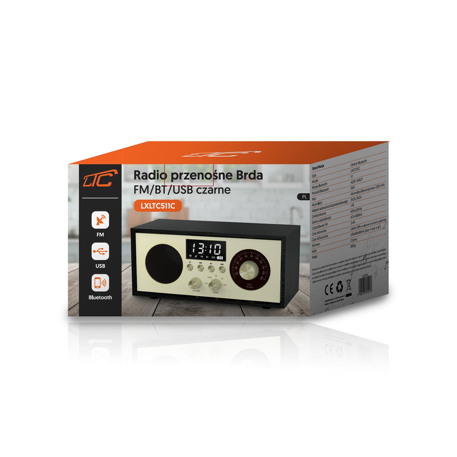 LTC portable radio BRDA, Bluetooth, FM, USB, 2200mAh, 10W wireless charging, black-gold