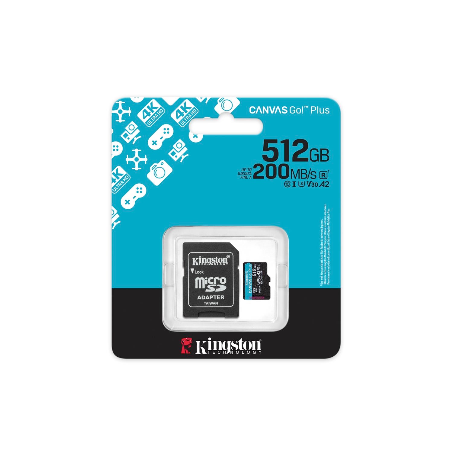 Kingston memory card 512GB microSDXC Canvas Go Plus Gen4 200MB/s A2 U3 V30 + adapter