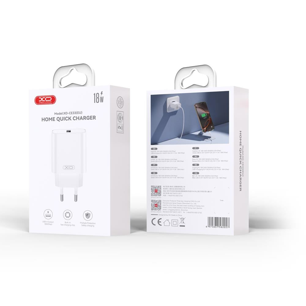 XO wall charger CE33 QC 18W 1x USB white