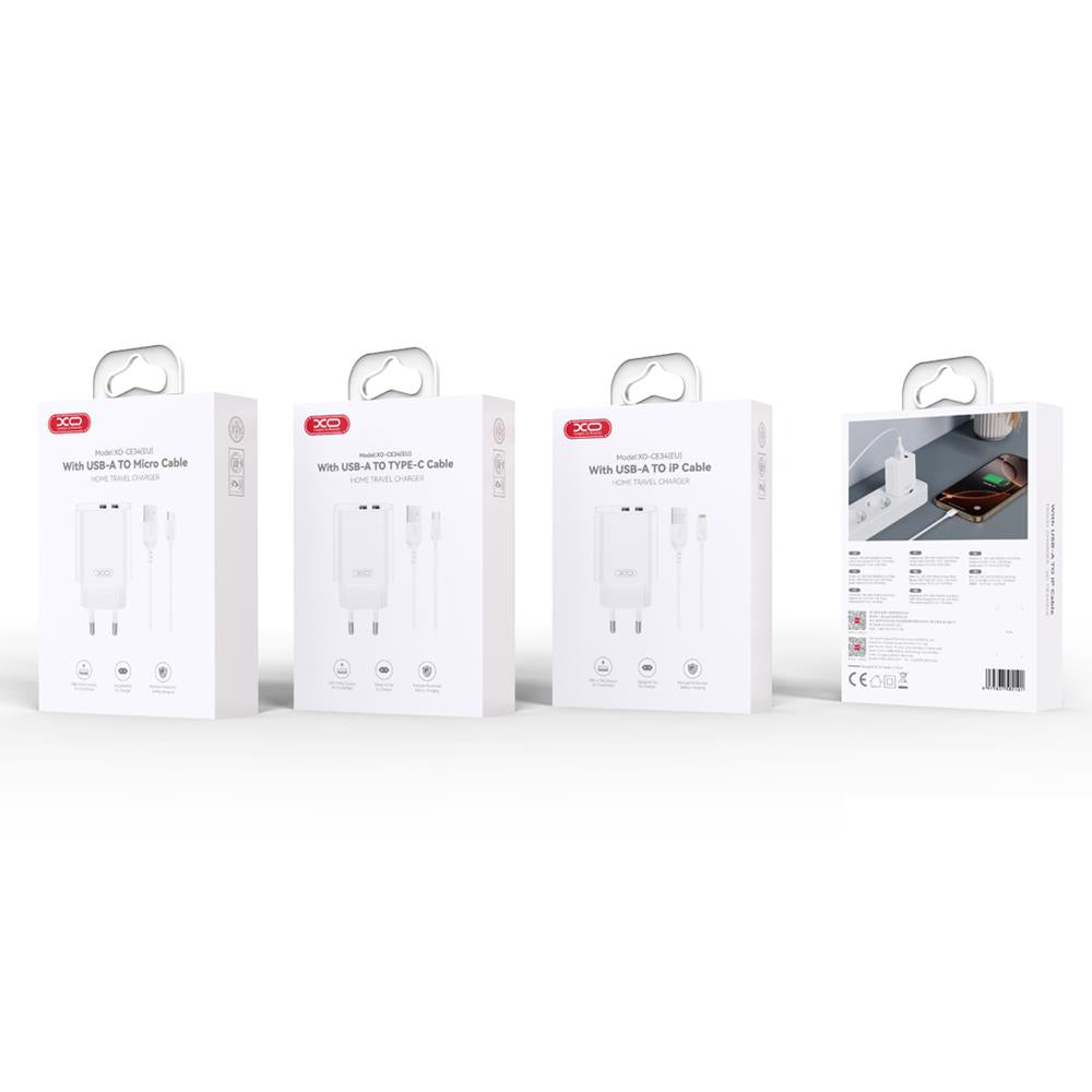 XO wall charger CE34 2x USB 2,4A white + Lightning cable