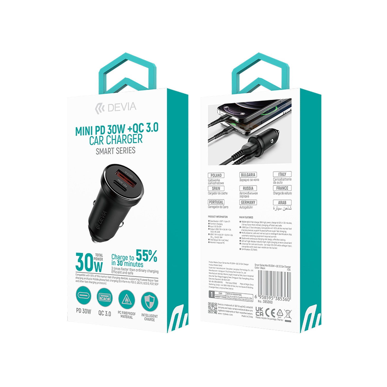 Devia car charger Smart Mini PD QC 3.0 30W 1x USB 1x USB-C white