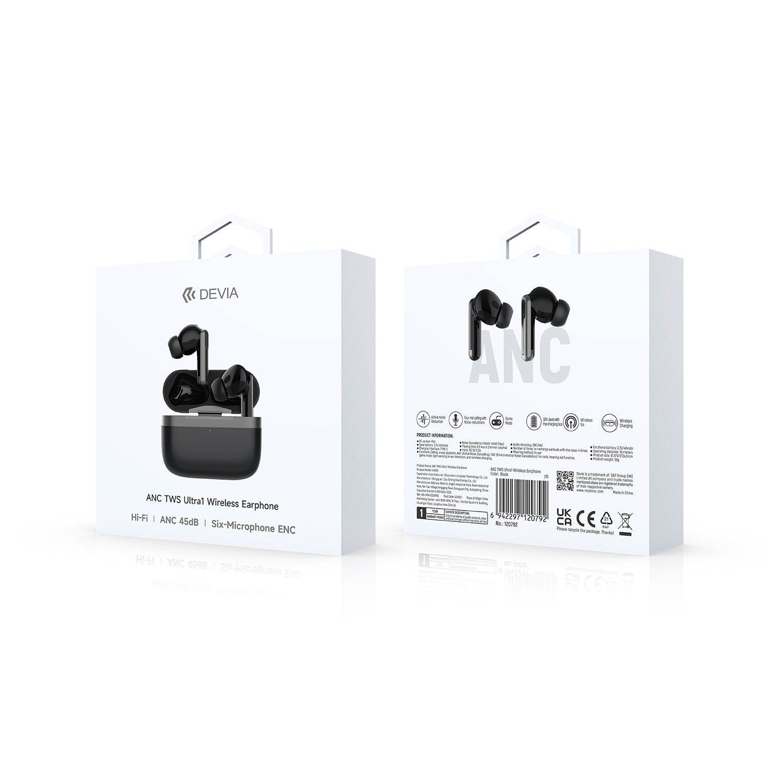 Écouteurs Devia TWS Ultra1 — Bluetooth ANC noir