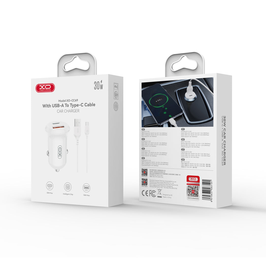 XO car charger CC69 PD 30W QC 1x USB 1x USB-C white + cable USB - USB-C