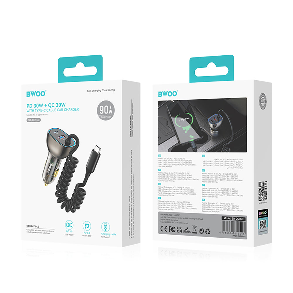 BWOO CC96C 30W PD car charger 1x USB-C 1x USB port with USB-C cable gray