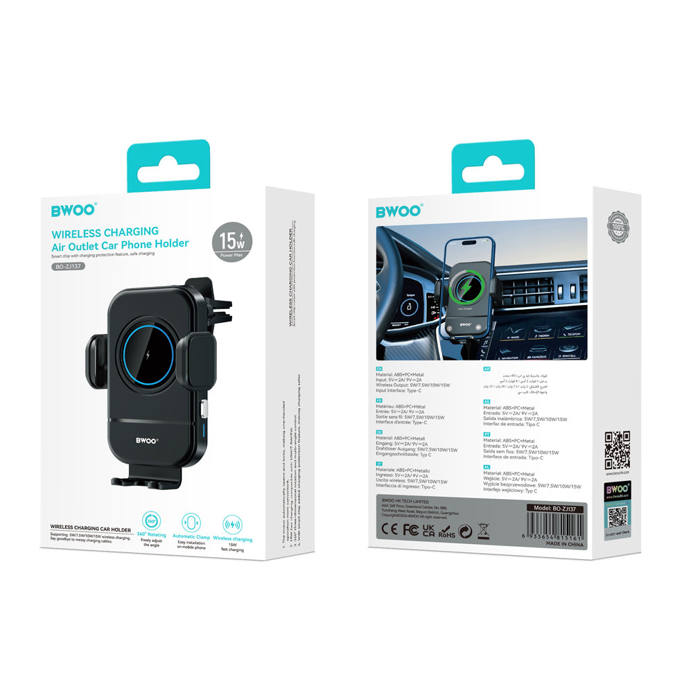 Support de voiture avec chargeur sans fil 15W BWOO ZJ137 — Serrage automatique 360°