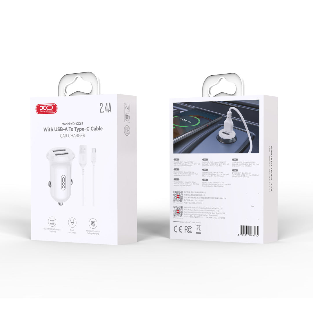 XO car charger CC67 12W 2x USB black + USB - USB-C cable